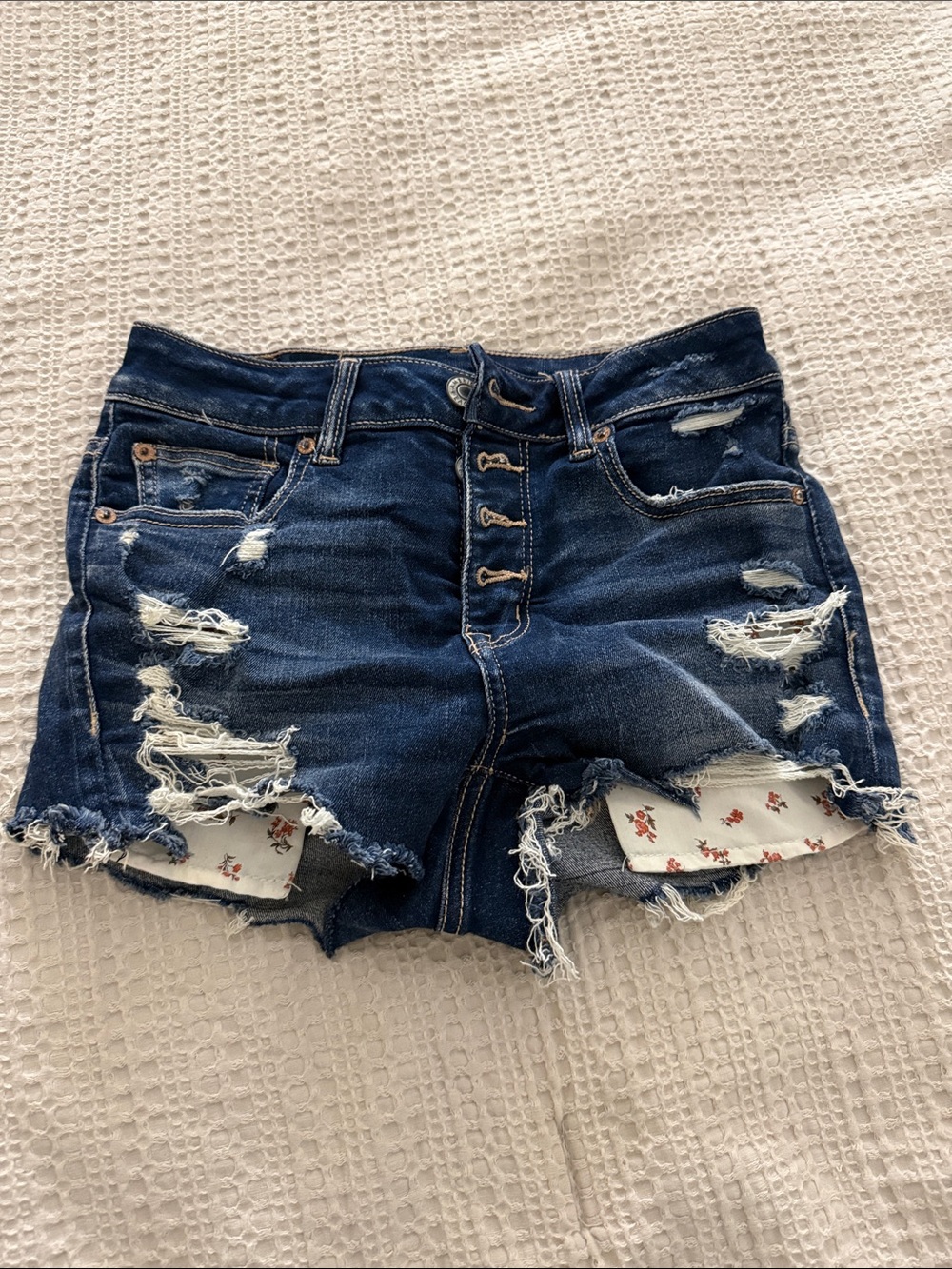 American Eagle Outfitters Dark Blue Distressed Denim Shorts with Floral Lining